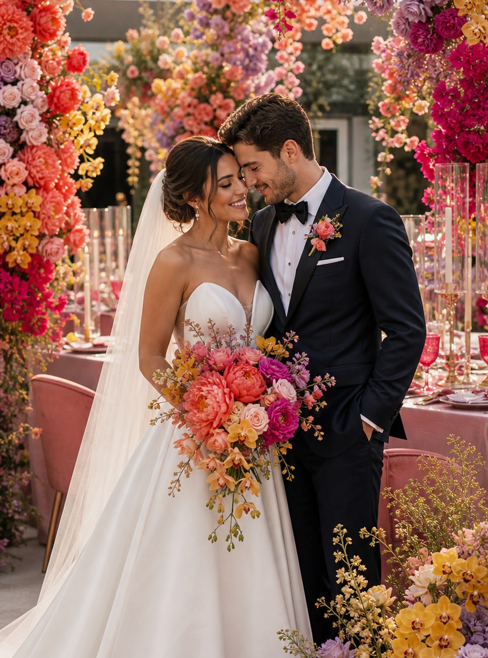 Color florals wedding portrait concept