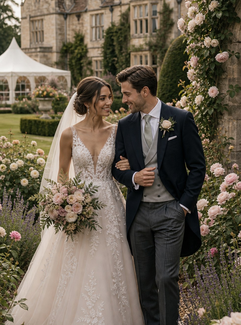 English manor garden wedding portrait concept