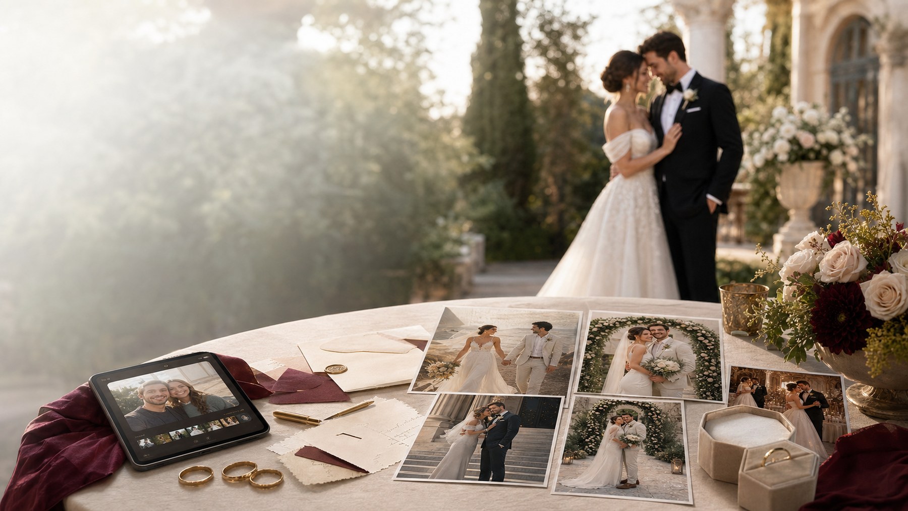 Wedding planning table with AI wedding portrait concepts