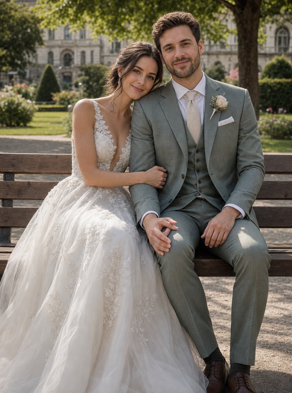 Couple seated on a park bench wedding portrait concept