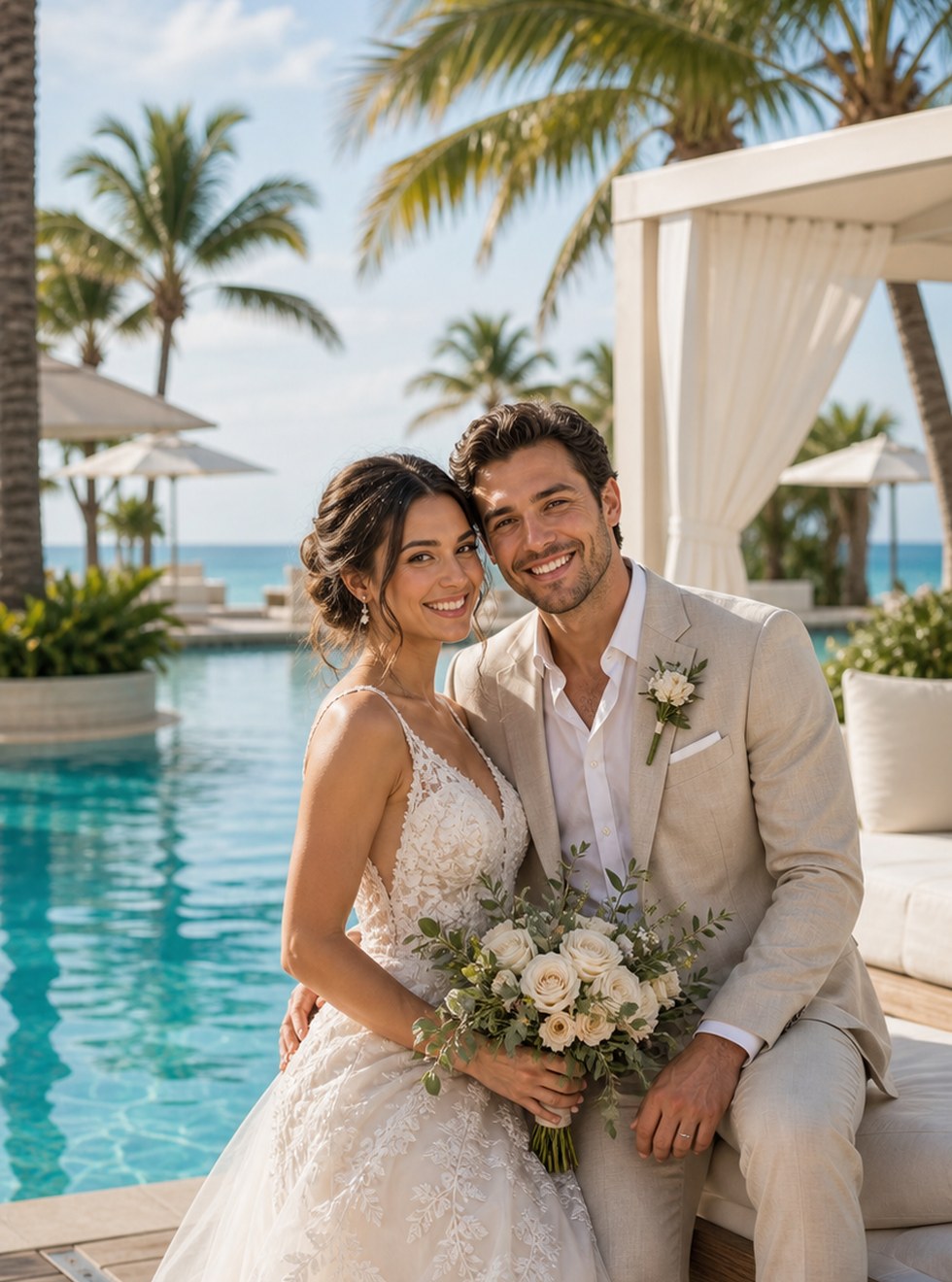 Poolside resort wedding portrait concept