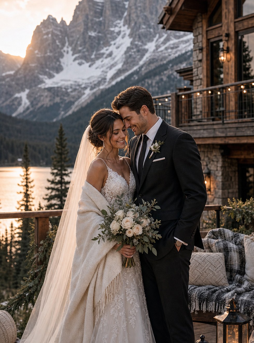 Rocky mountain lodge wedding portrait concept